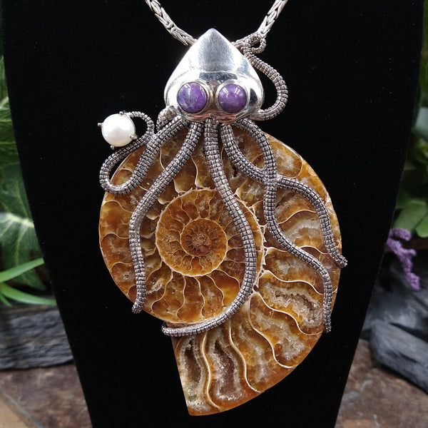 Split Ammonite Fossil Shell Pearl Pendant Copper Wire Wrap Artisan